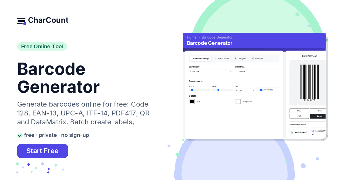 Free Online Barcode Generator | Bulk, SVG, PDF - CharCount